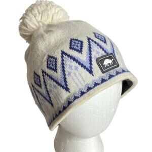 Turtle Fur Lars Merino Wool Knit Beanie White Blue Nordic Fair Isle Pom Pom Hat